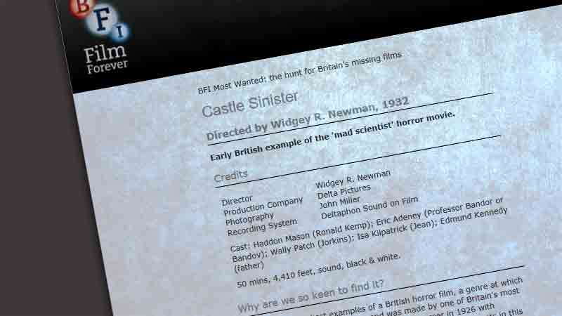 Castle Sinister is one the BFI's Most Wanted List
