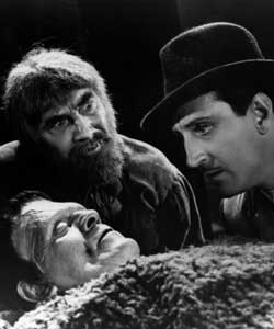 Basil Rathbone with Bela Lugosi and Boris Karloff in Son of Frankenstein