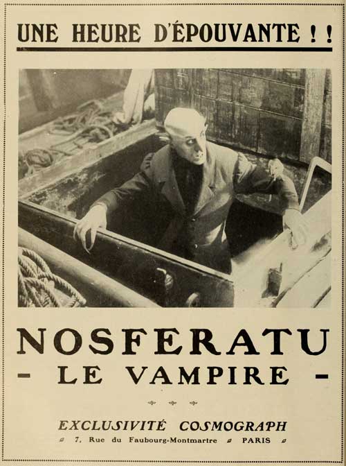 A contemporary French poster of Nosferatu (1922) showing Count Orlok rising from out of the ship.