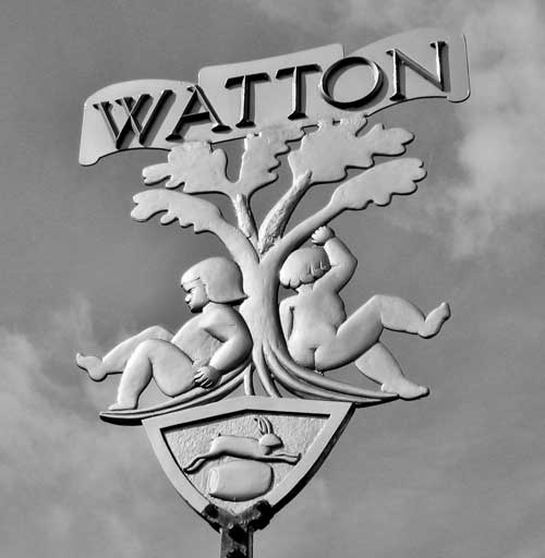 Watton village sign featuring the Babes