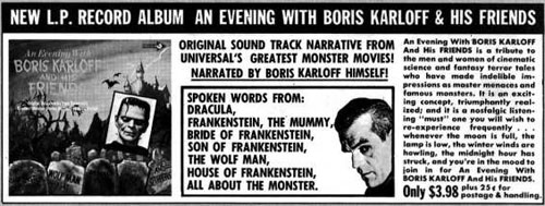 An original advertisement for An Evening with Boris Karloff and his Friends