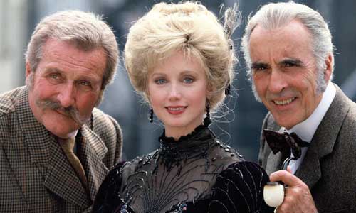 Morgan Fairchild with Patrick Macnee and Christopher Lee in Sherlock Holmes and the Leading Lady