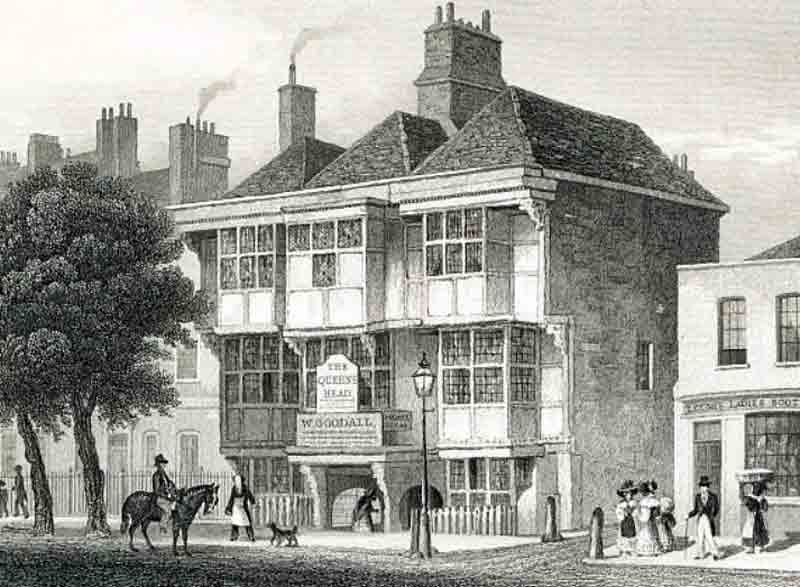 The Old Queens Heads pub in Essex Road, London, as it was back in 1830