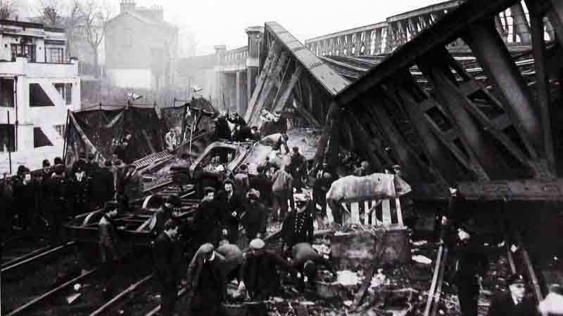 The scene of the dreadful Lewisham Train Crash at St John's Bridge in 1957.