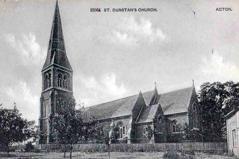 A postcard showing St Dunstan's Church in Acton about 1900.