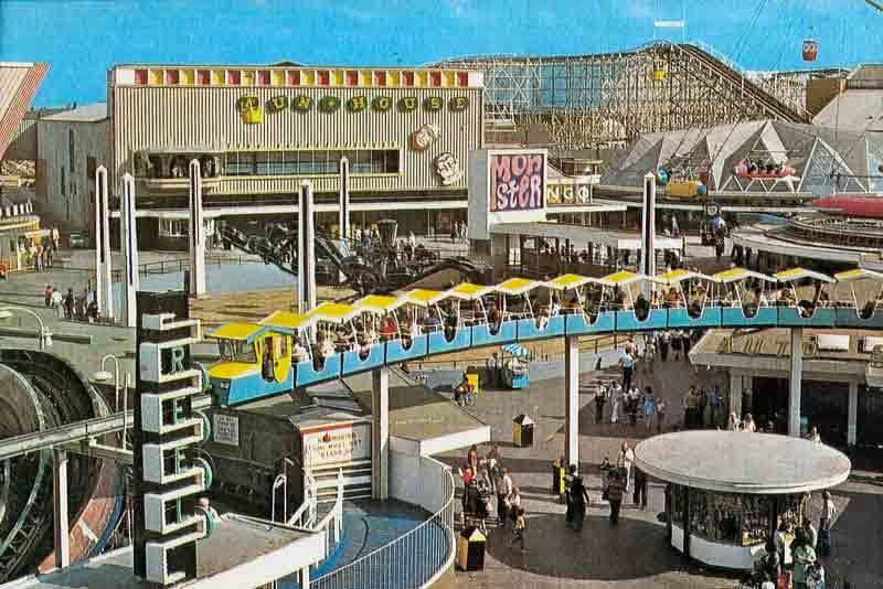 A postcard showing Blackpool Pleasure Beach in the 1970s.