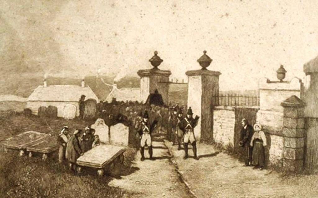 An etch made by George Aikman, of the 1796 funeral procession of Robert Burns passing into St Michael's Churchyard, Dumfries.