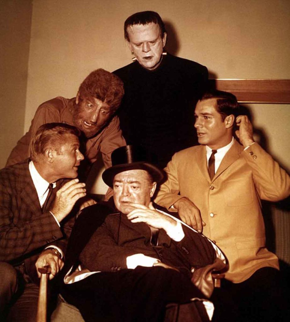 Boris Karloff, Peter Lorre and Lon Chaney Jr clown around in their monster make up with the co-stars in the Lizard's Leg and Owlet's Wing episode of Route 66.