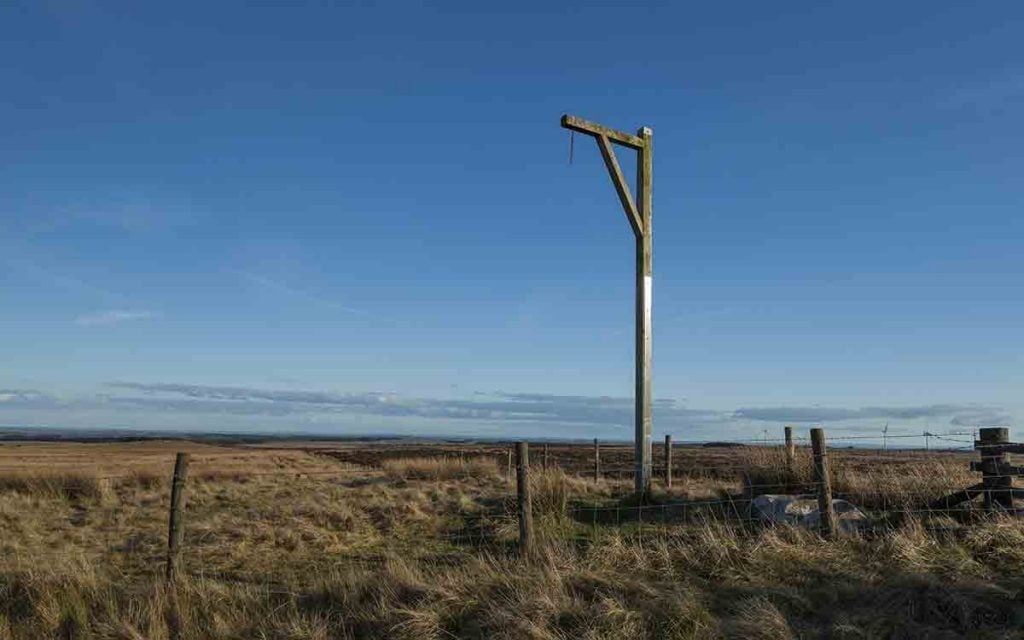 Winters Gibbet on Elsdon Moor, Northumberland, England, UK. The hanging place of William Winter, convicted of murder in 1791.
