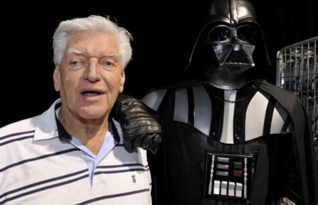 Dave Prowse with the costume of his most famous role, Darth Vader from Star Wars