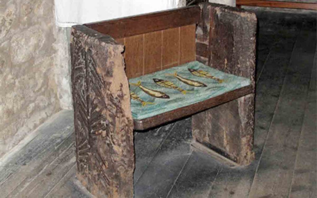 Mermaid of Zennor chair at St Sennara's Church in Zennor, Cornwall