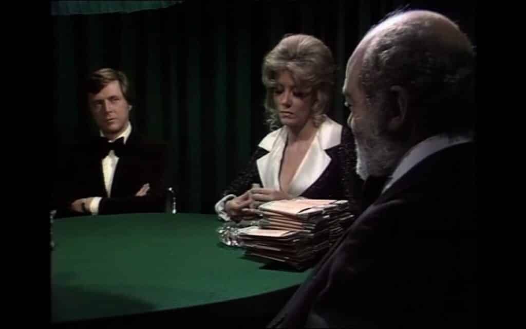 Ingrid Pitt deals the cards as Edd Byrnes and James Berwick face-off in the Thriller episode, Where The Action Is (1975)
