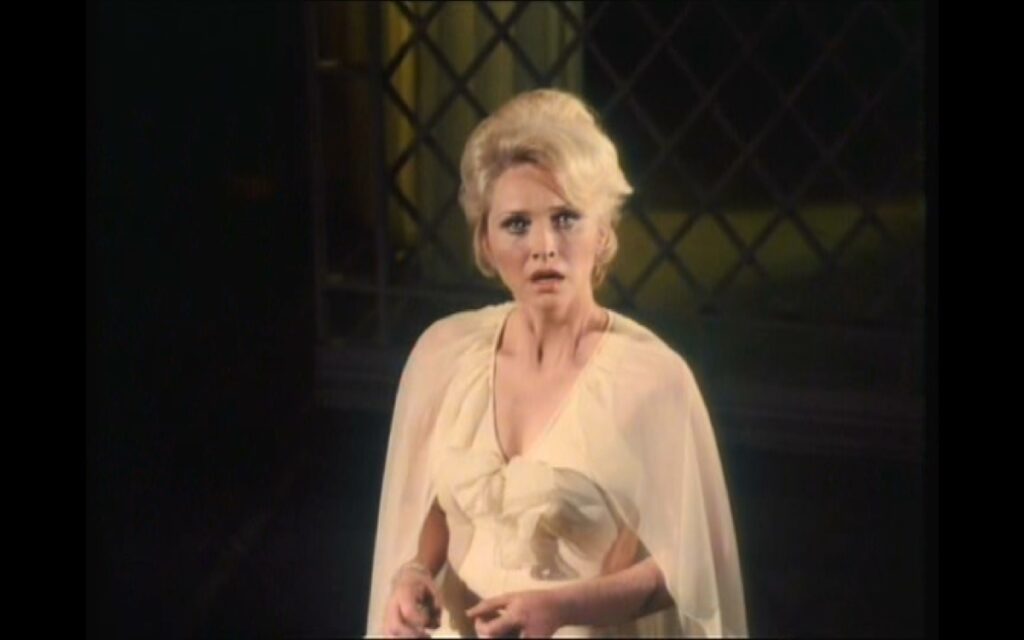 Susan Flannery sees an unwelcome admirer in the audience, in Thriller: Nightmare For A Nightingale (1975, UK transmission 1976)
