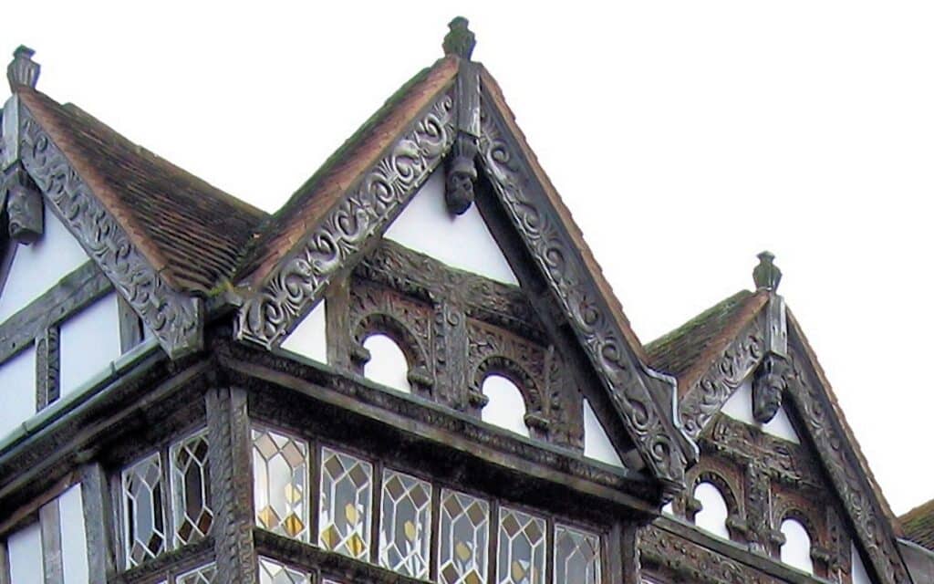 Prince of Wales Feathers decorating the eaves of The Feathers Hotel, Ludlow in Shropshire
