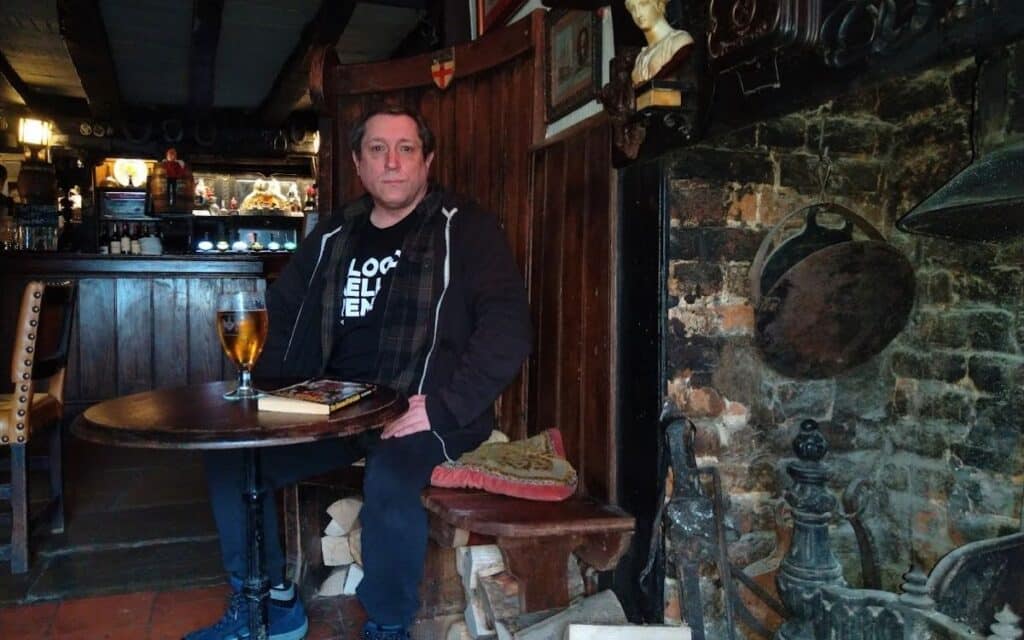 Ashley Darkwood having a drink in the Candle Room at the Royal Standard of England