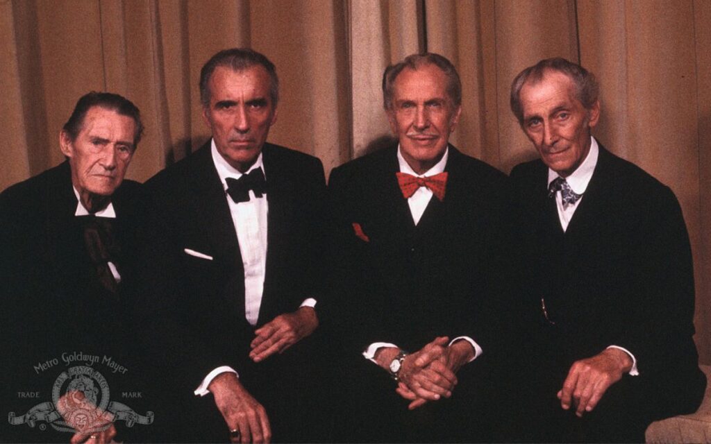 John Carradine, Christopher Lee, Vincent Price and Peter Cushing pose for a publicity shot for House of the Long Shadows 1983.