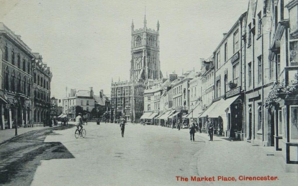 The Market Place in Cirencester, Gloucestershire, circa 1900.