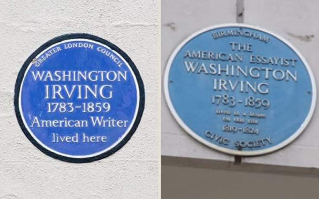 Blue Plaques in London and Birmingham dedicated to Washington Irving