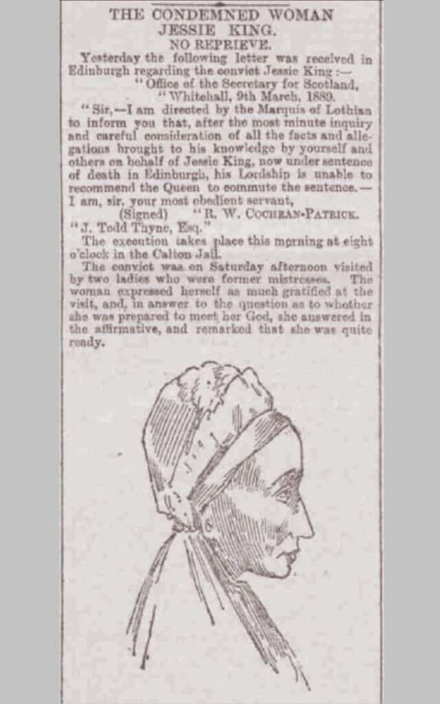 Newspaper article from the time of Jessie King's trial and execution at Old Calton Gaol.