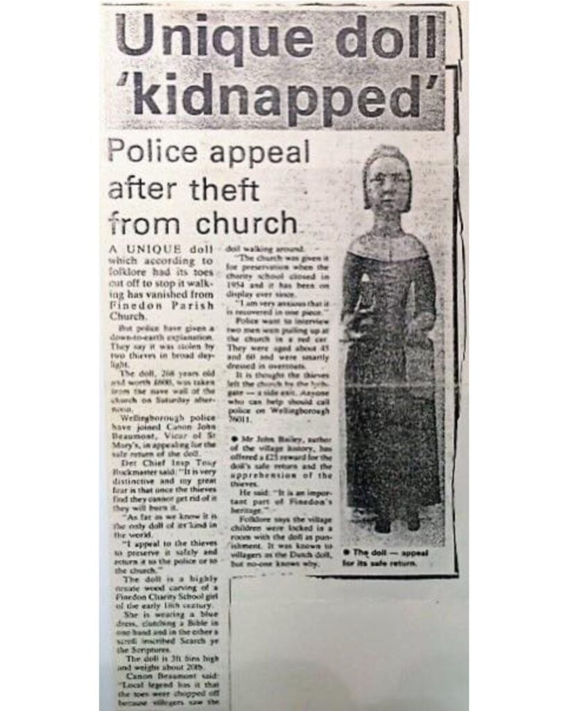 News article reporting when the Dutch Doll of Finedon went missing.