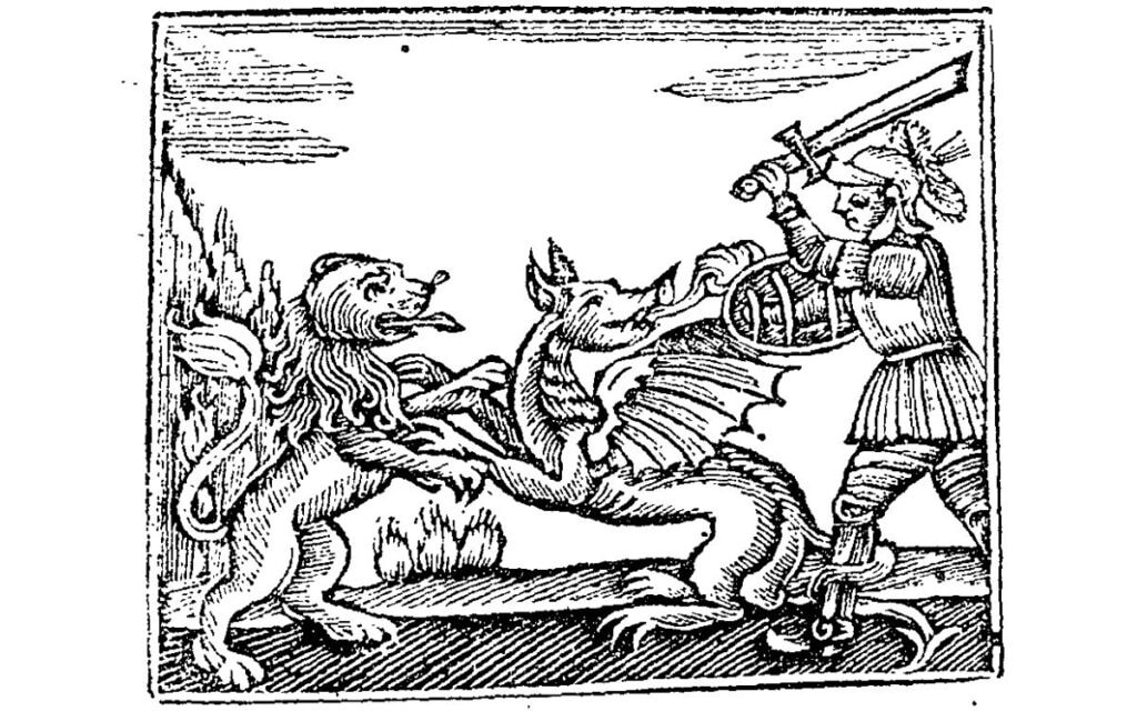  A woodcut of Guy of Warwick slaying some beasts