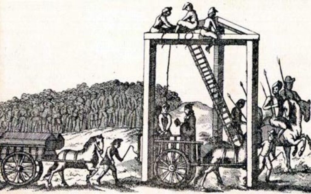 An engraving picturing the gallows in London known as The Tyburn Tree, including the crowds gathering to watch the execution.