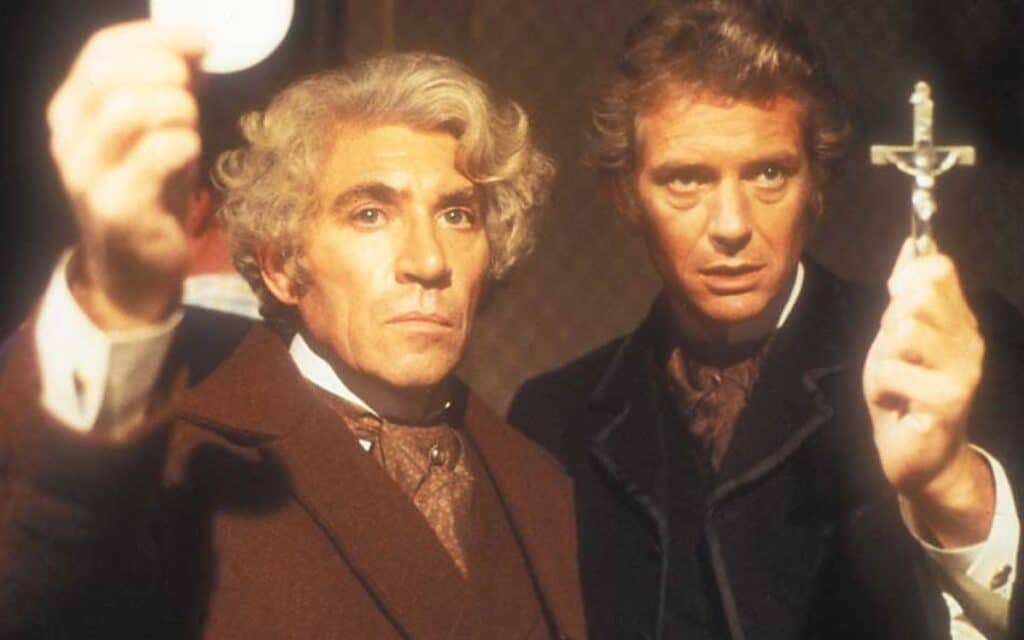 Dr Van Helsing (played by Frank Finlay) and Dr John Seward (Mark Burns) in the BBC version of Dracula from 1977.