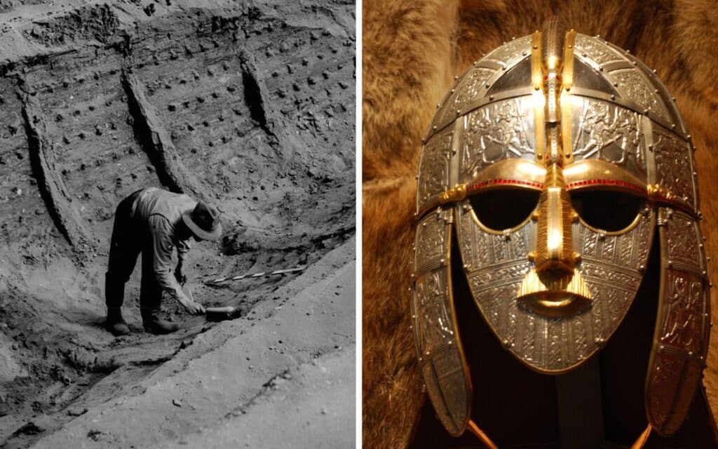 Sutton Hoo burial site and the iconic helmet which was part of its treasure