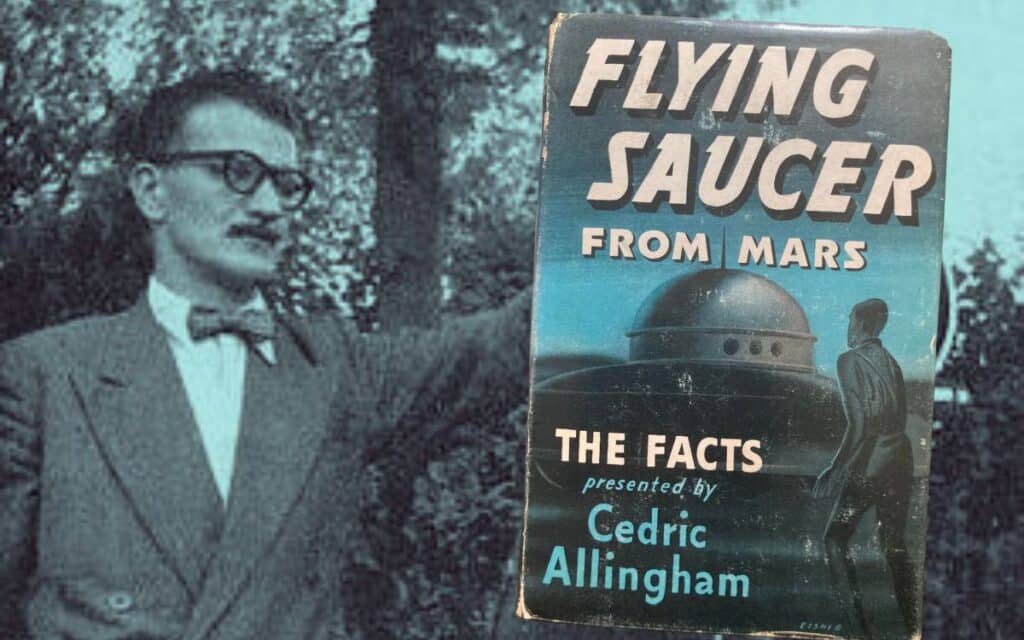 Peter Davies as Cedric Allingham and his book, Flying Saucer from Mars