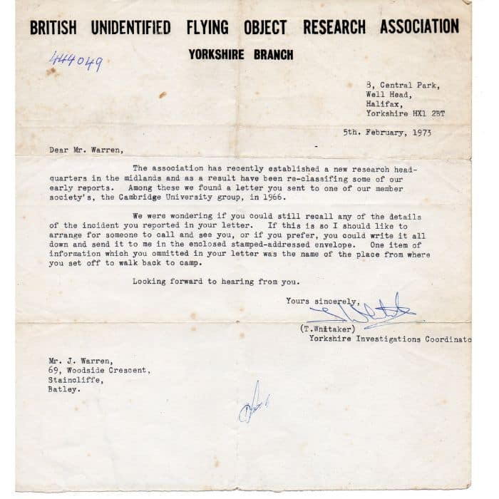 Letter from the British UFO Research Association to John Warren