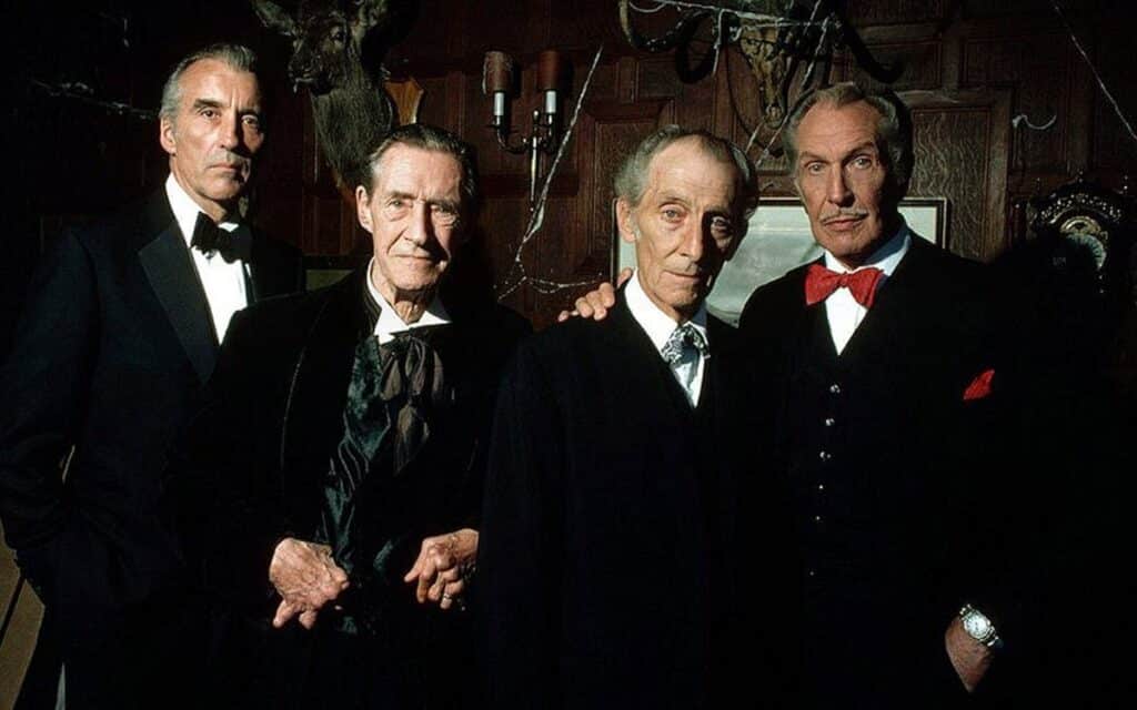 Vincent Price with his co-stars, Christopher Lee, Peter Cushing and John Carradine, from House of the Long Shadows.