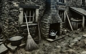a broom and kettle outside of a stone building