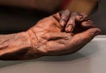 The well-preserved hand of the Old Croghan Man, one of Ireland's most famous bog bodies.