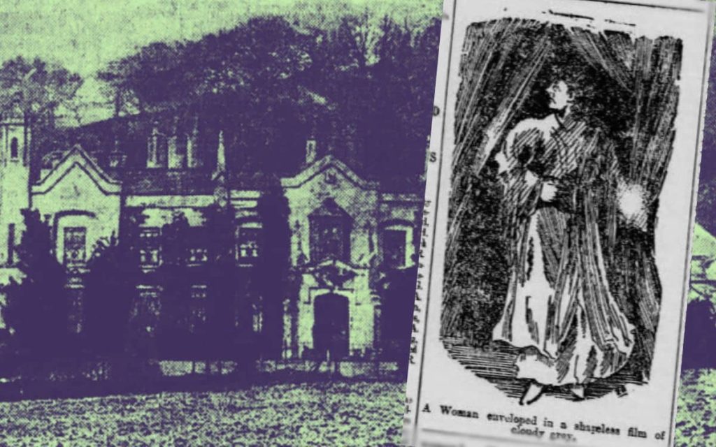 Greenmeadow House and an illustration of the ghost as pictured in the Western Mail of October 1893.