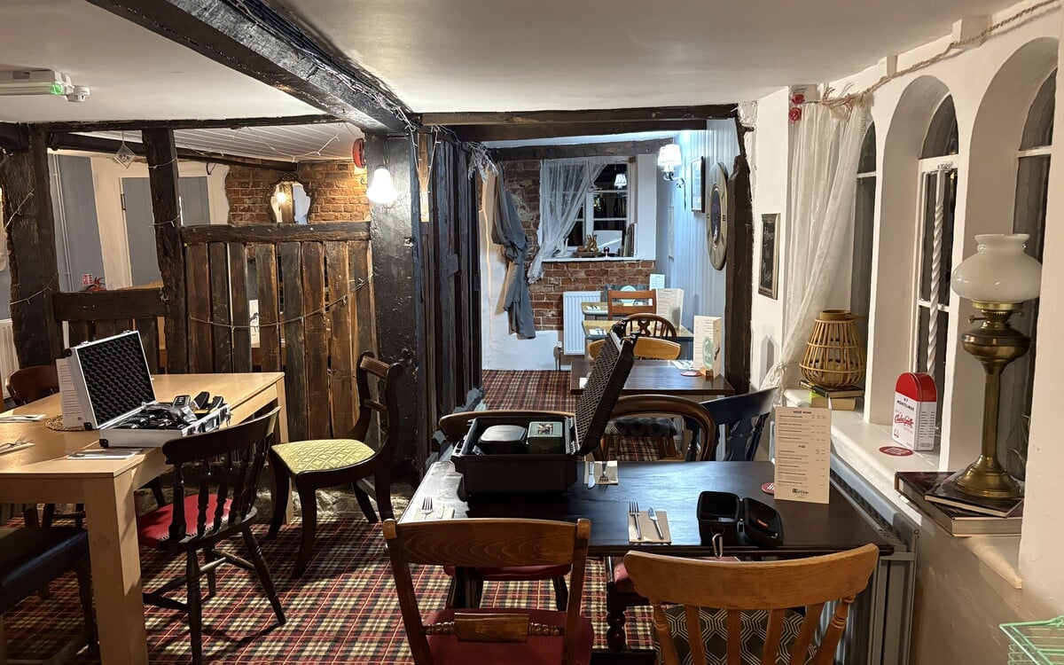 KASE Paranormal: Investigating Haunted Kent INTERVIEW 2 Paranormal investigation equipment on tables inside the Black Horse pub in Pluckley