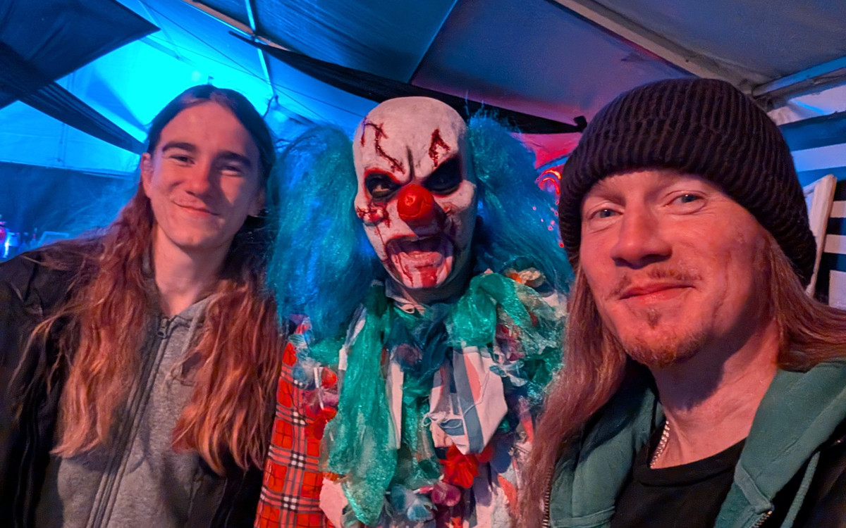 Dr Fright’s Halloween Nights 2026, heavy metal and a lot of screaming 2 P M Buchan with a clown performer at Dr Fright’s Halloween Nights 2026.