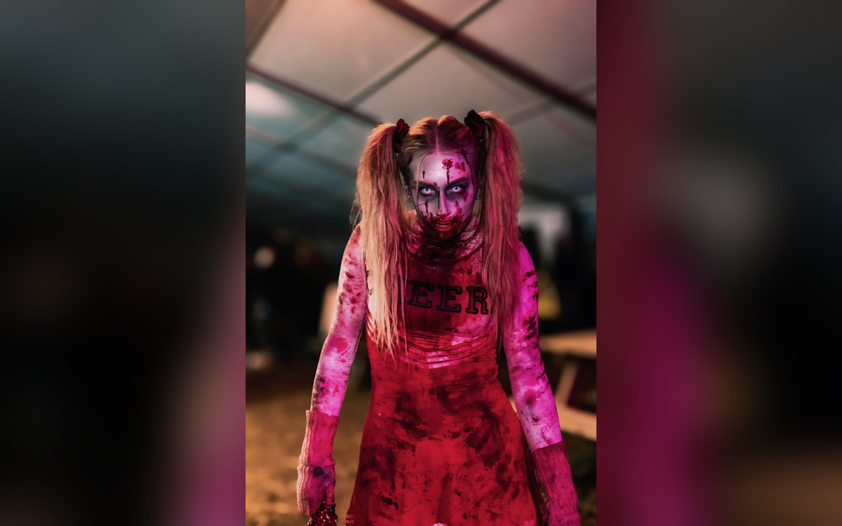 Dr Fright’s Halloween Nights 2026, heavy metal and a lot of screaming 1 Scare actor dressed as a cheerleader at Dr Fright’s Halloween Nights 2026.
